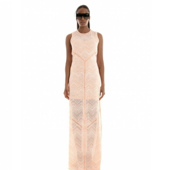 GUESS | Maxi Light  Salmon Backless Side Slit Macramè Janet Dress (Size L) - Picture 2 of 16